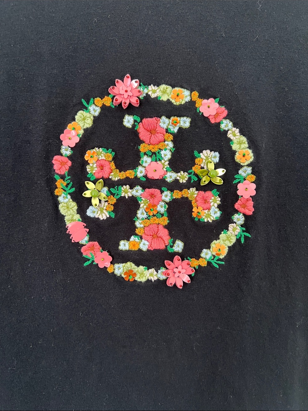 Tory Burch Black Short-Sleeve Tee with Colorful Floral Logo - Picture 4 of 11